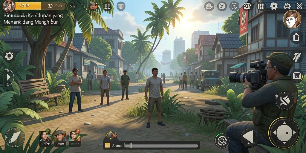 Tampilan gameplay 77RP dengan karakter yang berinteraksi di lingkungan yang dinamis.