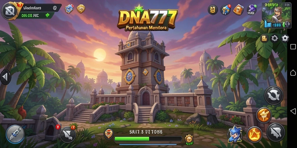 Screenshot DNA777 menampilkan aksi menara dalam pertempuran Tower Defense.