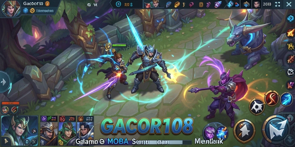 Tampilan aksi game MOBA GACOR108 dengan karakter yang beragam.