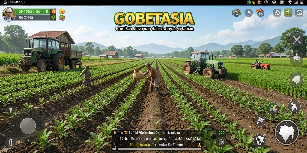 Screenshot GOBETASIA menampilkan aktivitas seru di ladang pertanian.