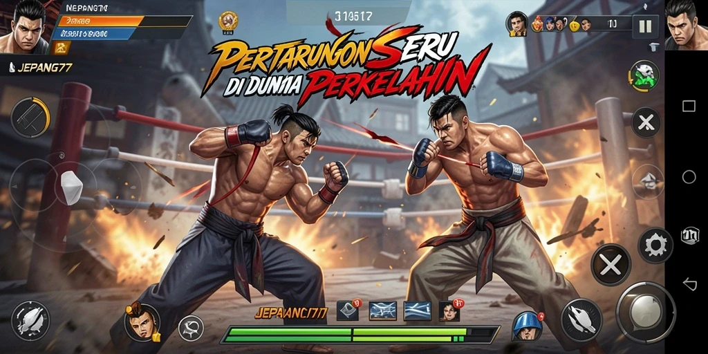 Tampilan utama gameplay <strong>JEPANG77</strong> dengan karakter bertarung di arena yang dinamis.