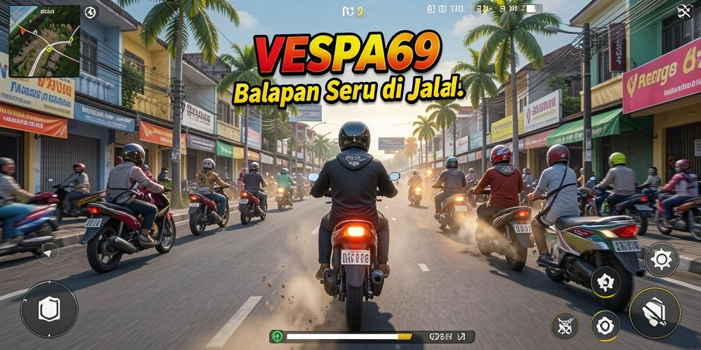 Gameplay VESPA69 menampilkan aksi balap sepeda motor yang mendebarkan.